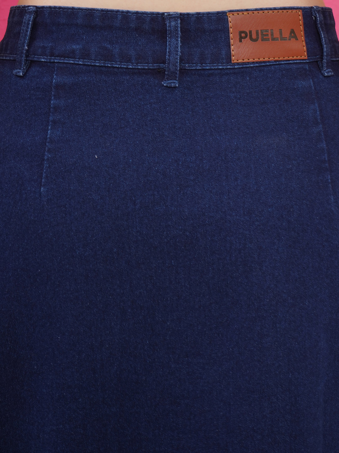 PUELLA Women’s Dark Blue High-Rise Midi Denim Skirt with Front Slit & Button Detailing