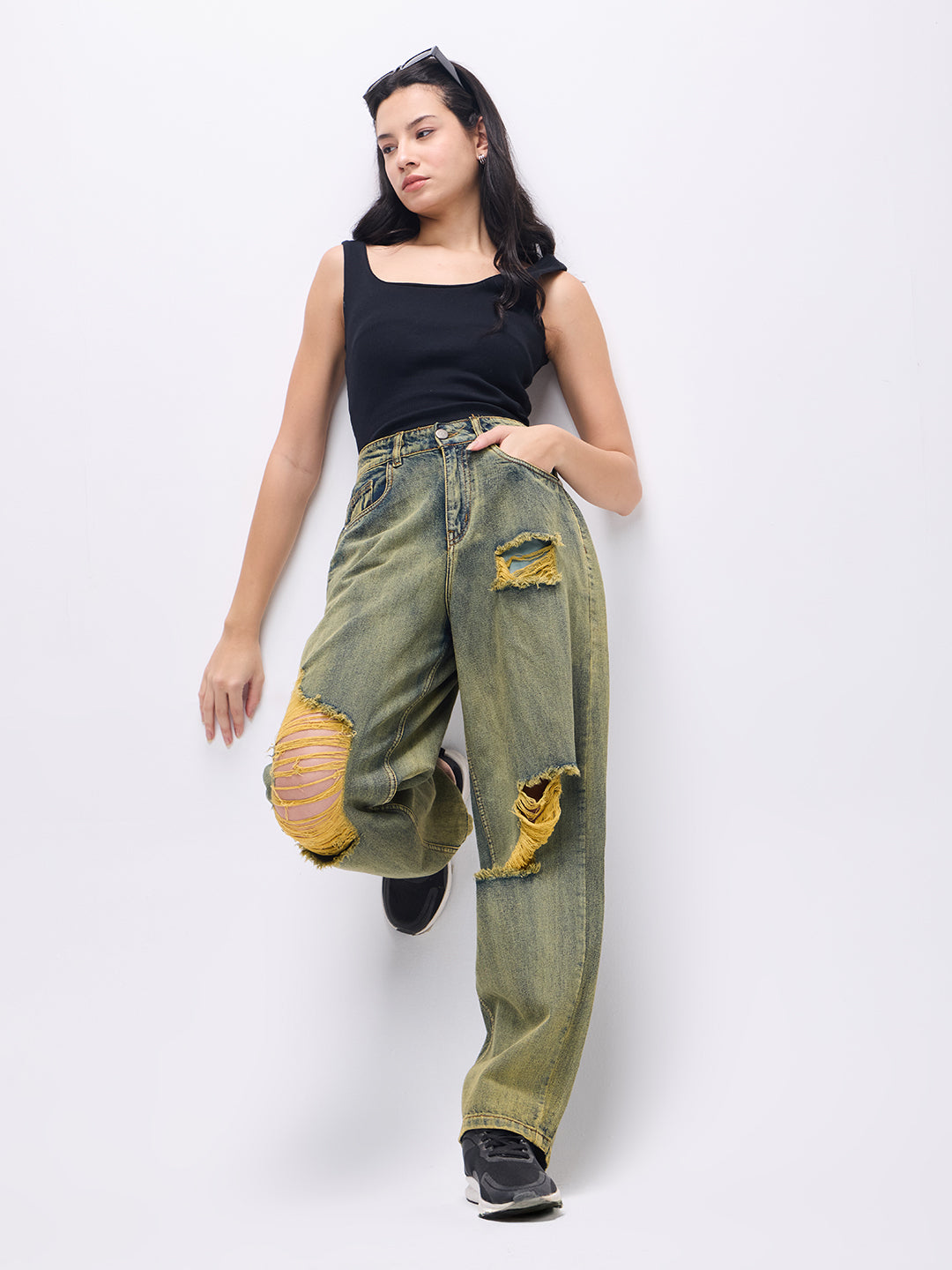 PUELLA Women High-Rise Olive Distressed Wide-Leg Jeans