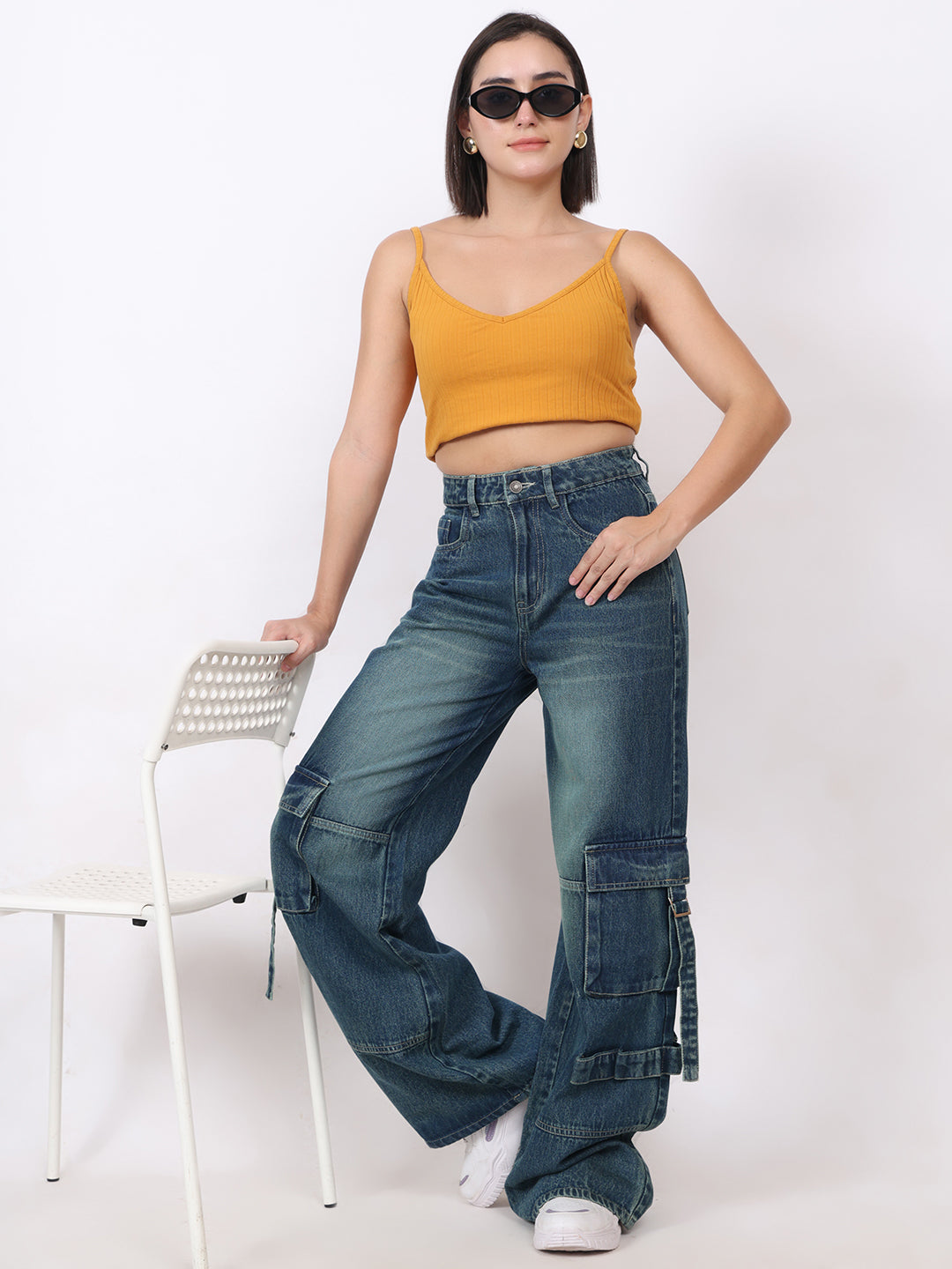 PUELLA Women Dark Blue High-Rise Baggy Cargo Jeans