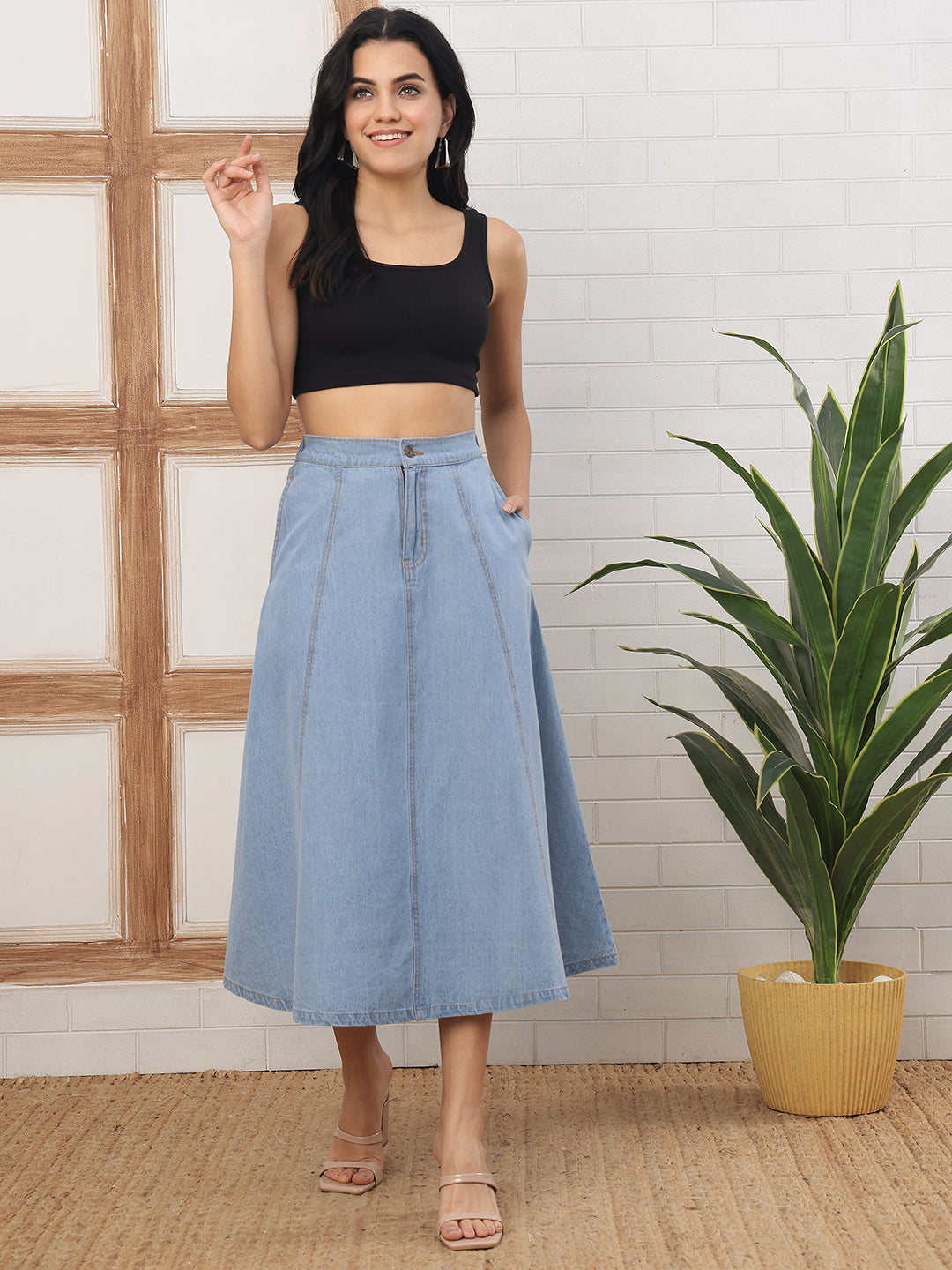 Women’s Light Blue Ice Wash Midi Denim Skirt