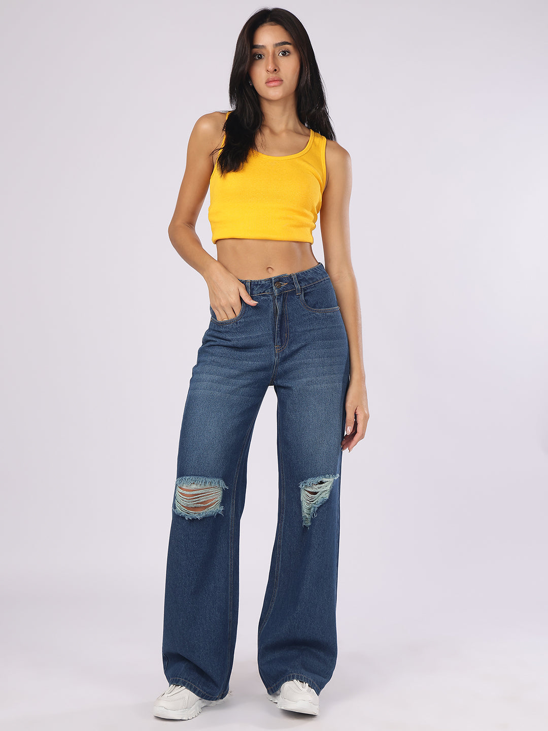 Women’s Dark Blue Distressed Straight Fit Denim Jeans