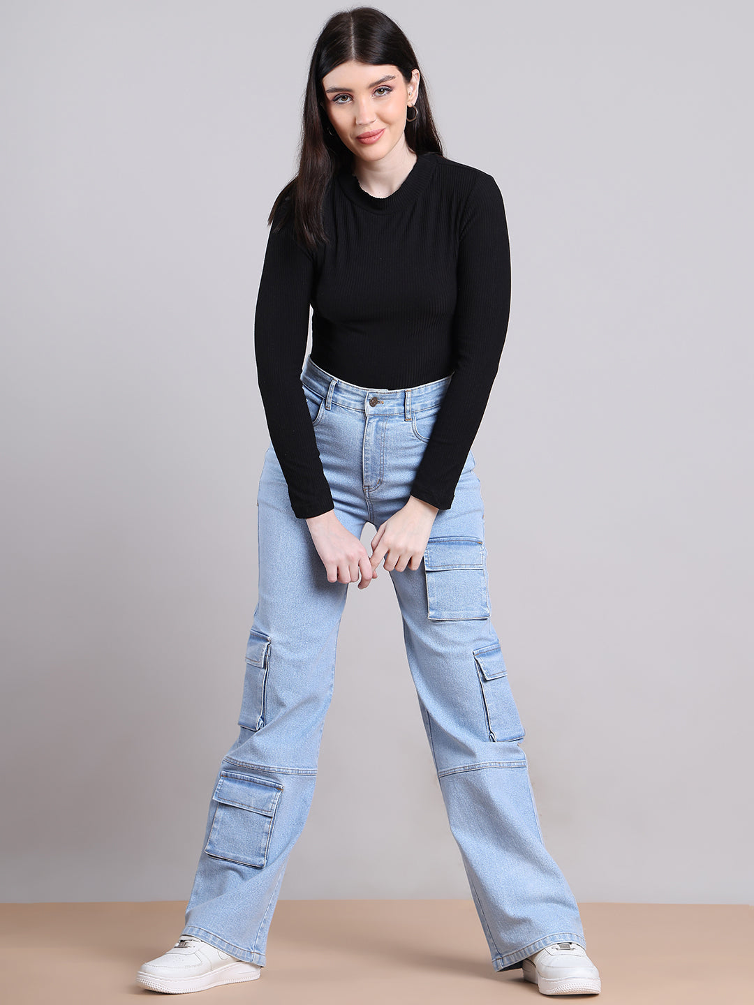 PUELLA Women Light Blue High-Rise Multi-Pocket Cargo Wide-Leg Jeans