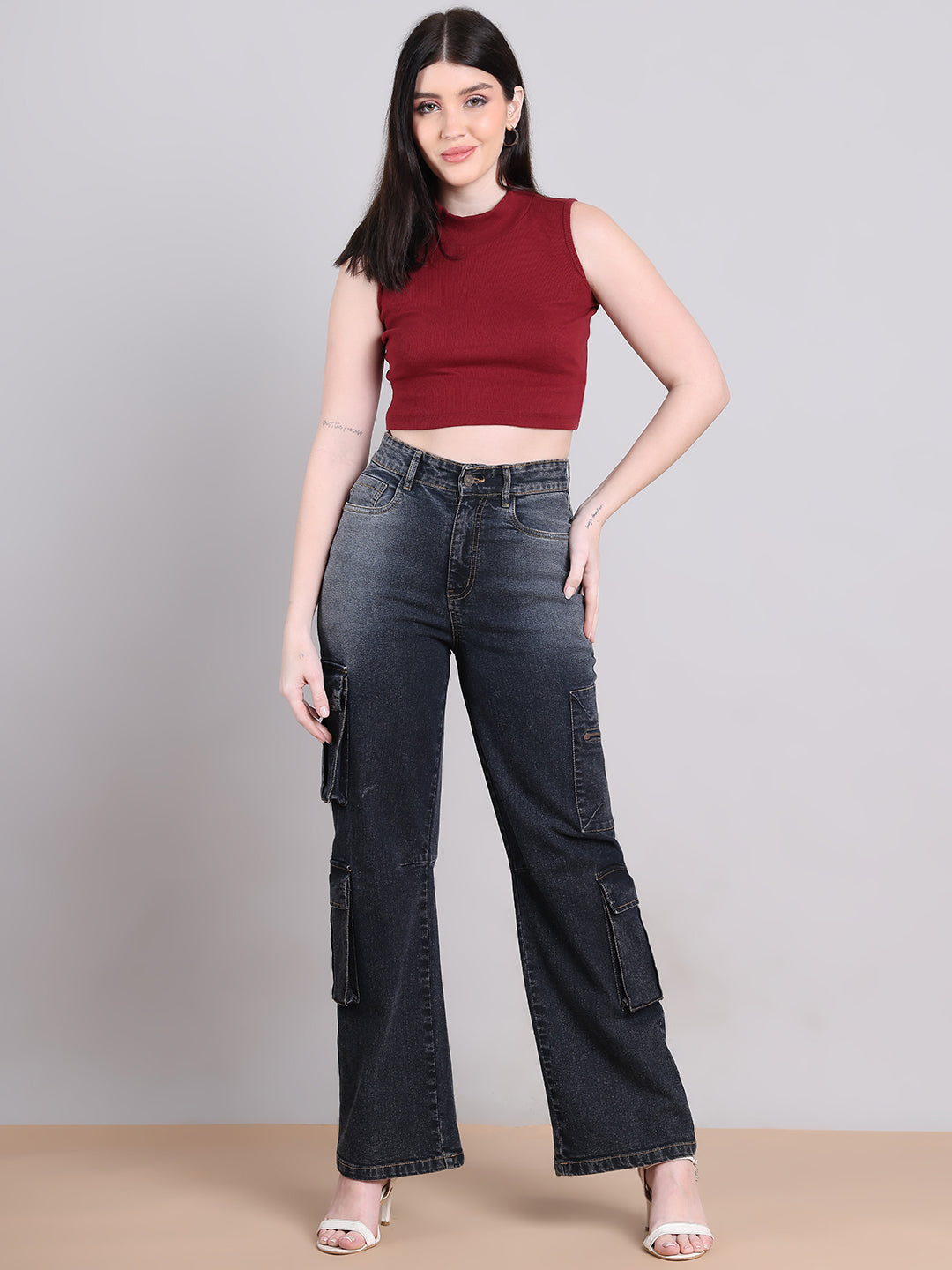 PUELLA Dark Black High-Rise Straight Fit Cargo-Style Jeans