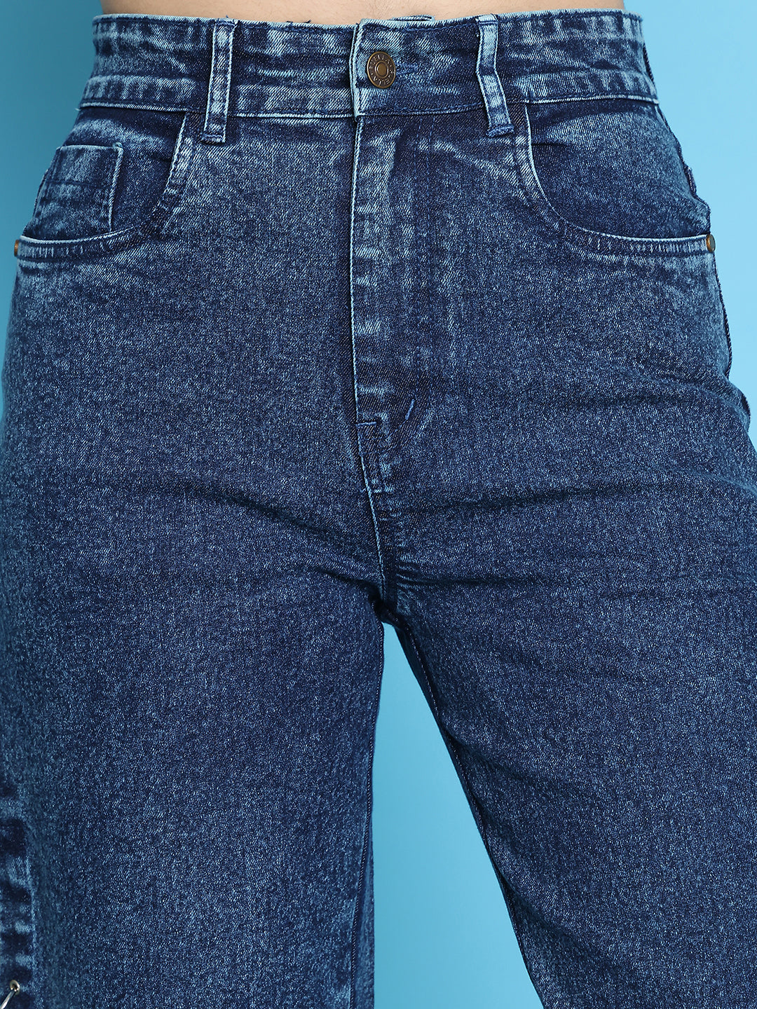 PUELLA Women High-Rise Dark Blue Side Slit Wide-Leg Jeans with Metal Ring Detailing