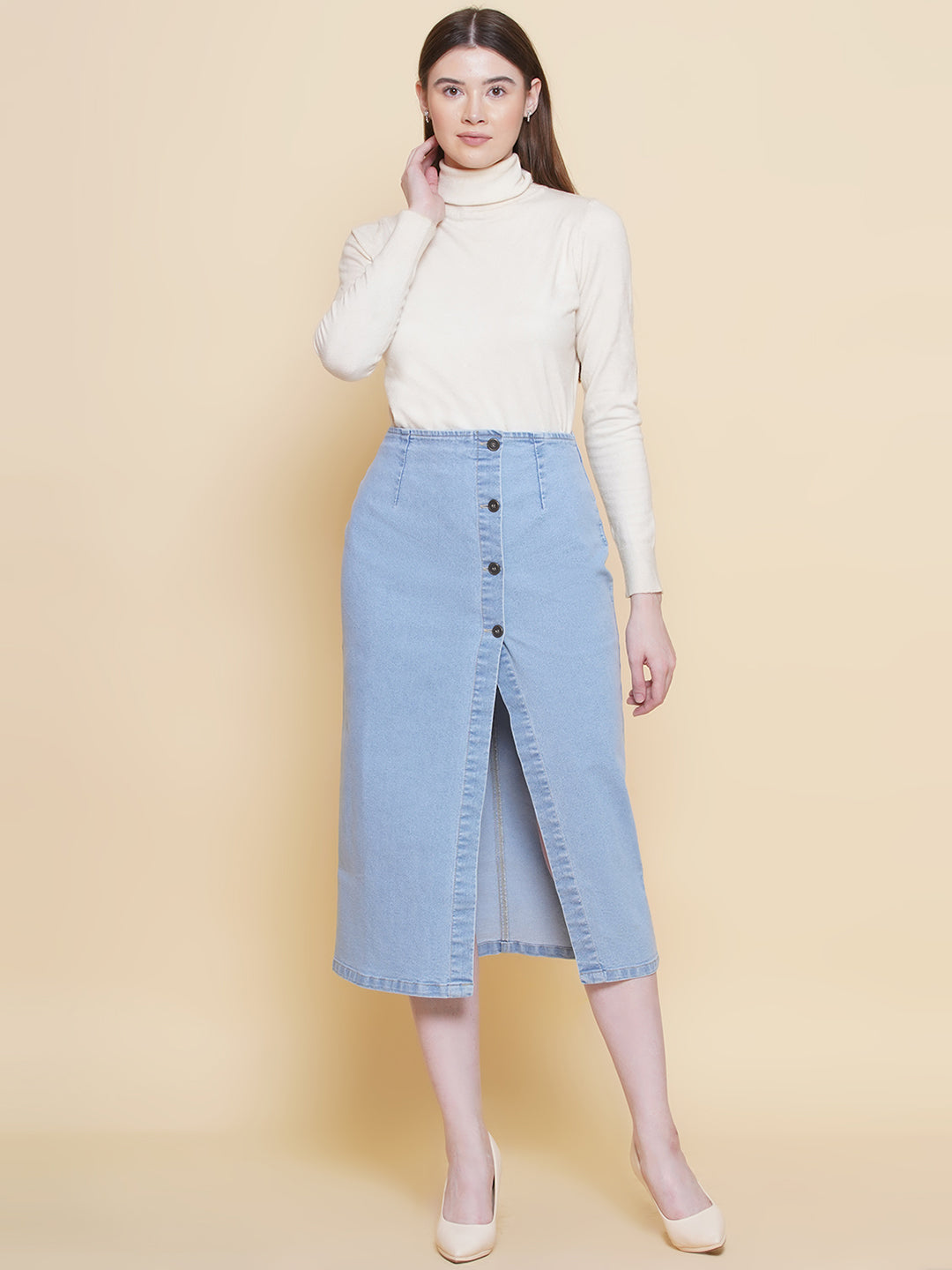 PUELLA Women’s Light Blue High-Rise Denim Midi Skirt