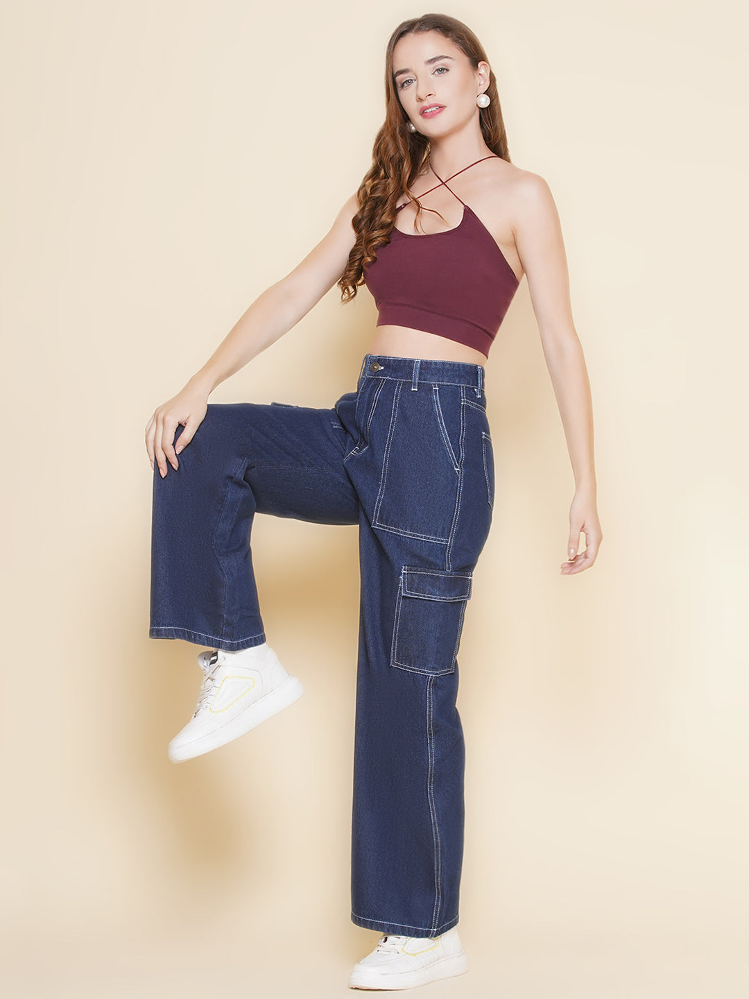 PUELLA Women’s Black Cargo Straight Fit stretchable Jeans with Contrast Stitching – Multi-Pocket Utility Denim