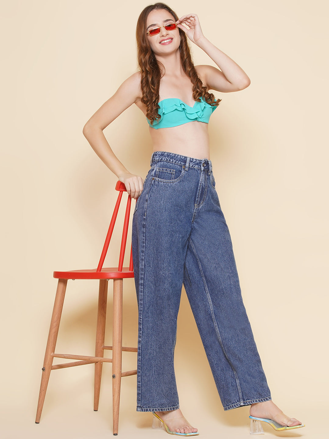 PUELLA Women’s Dark Blue High-Rise Straight Fit Jeans