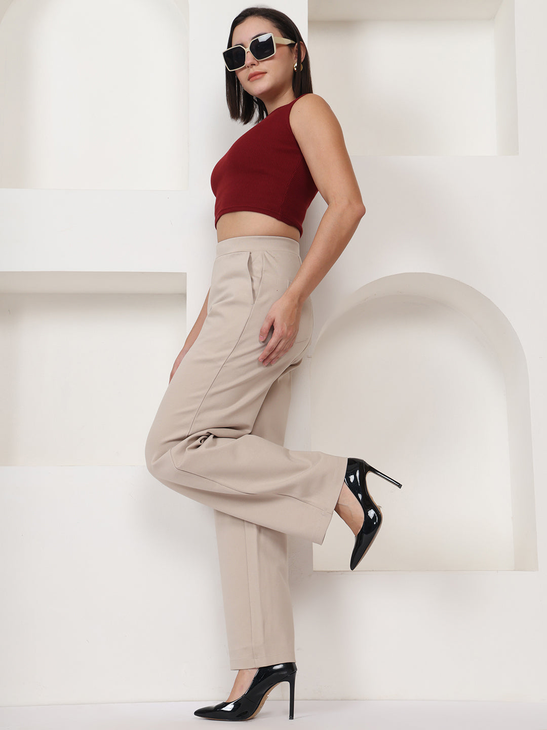 PUELLA Women’s Beige High-Rise Knitted Formal Trousers