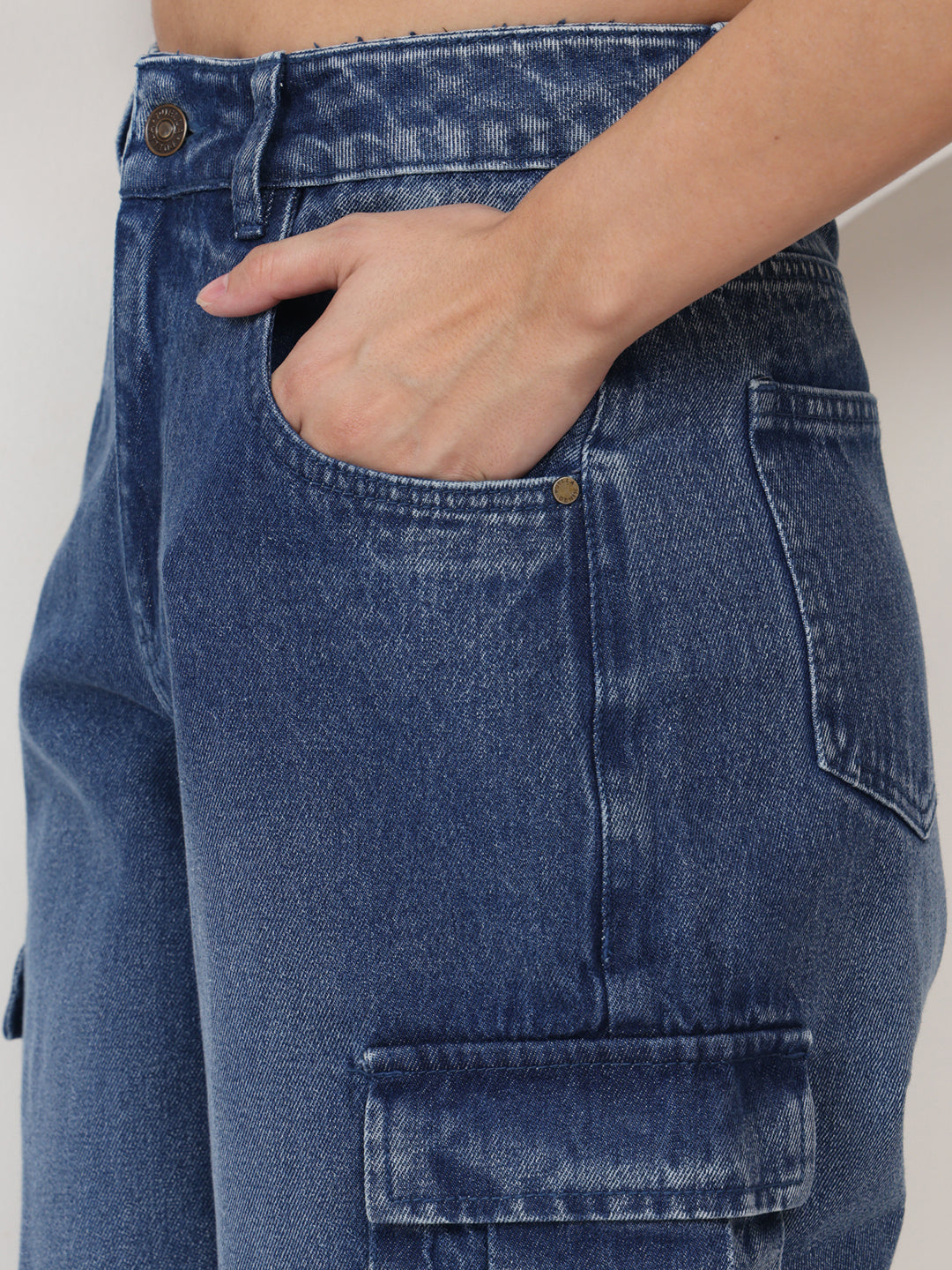 PUELLA Women Medium Blue Light-Fade High-Rise Relaxed Fit Cargo Jeans