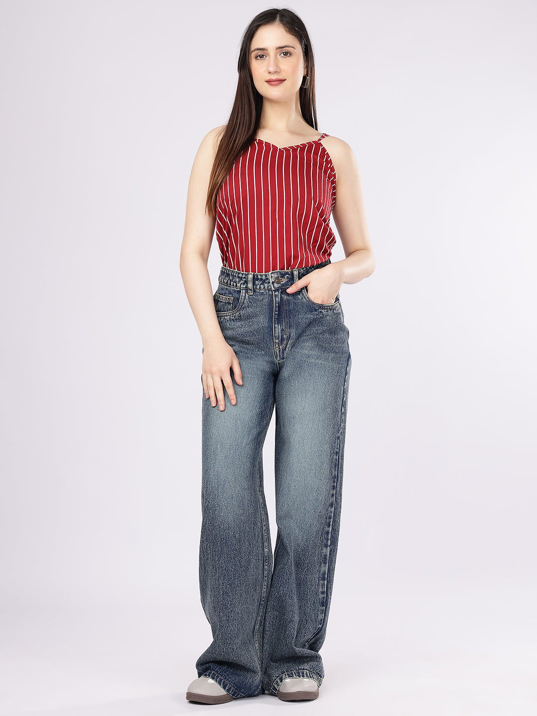 PUELLA Women's Acid Wash High-Rise Baggy Fit Jeans with Single Distress Detail