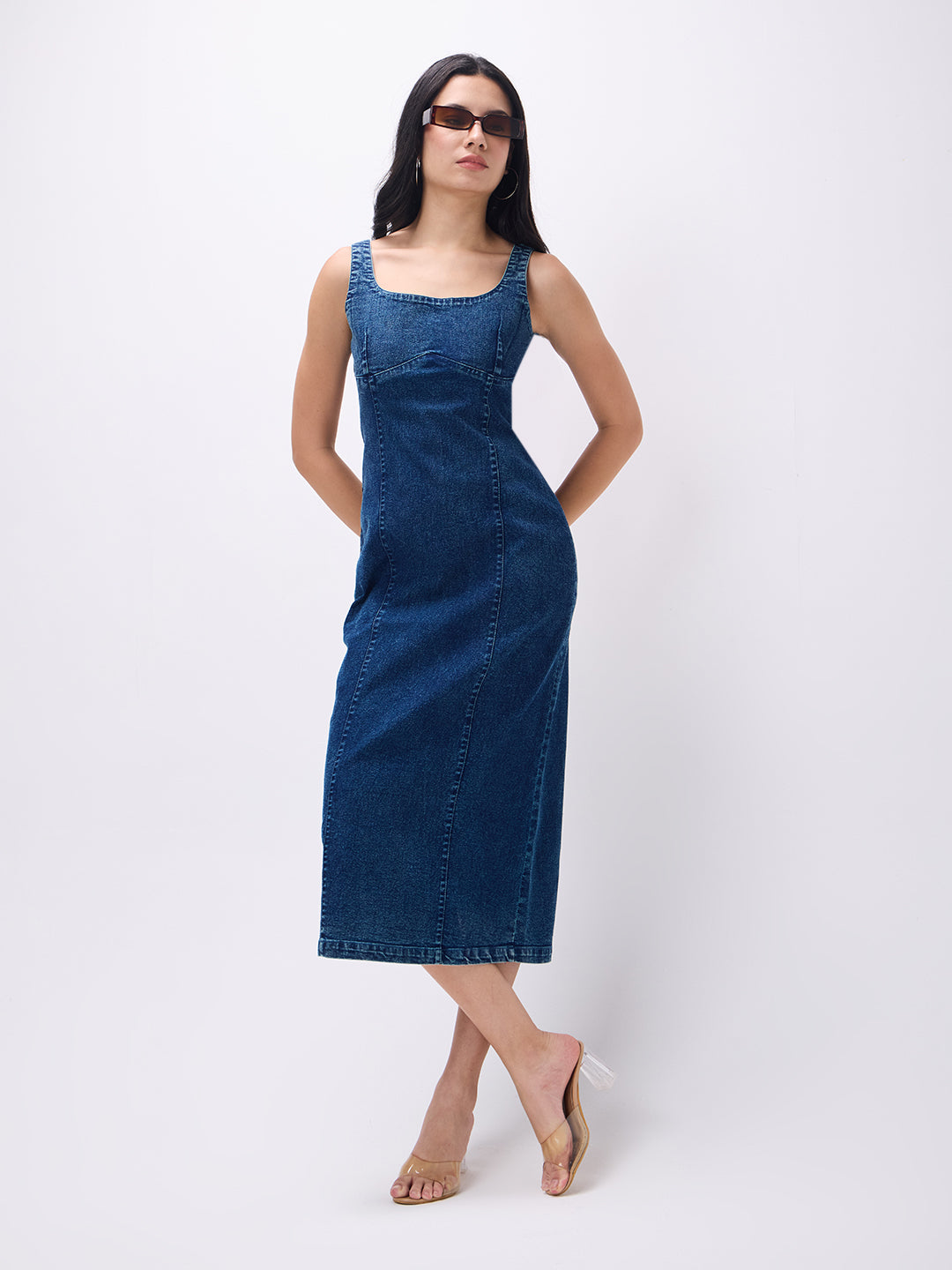 PUELLA Women’s Blue Denim Bodycon Midi Dress with Back Slit