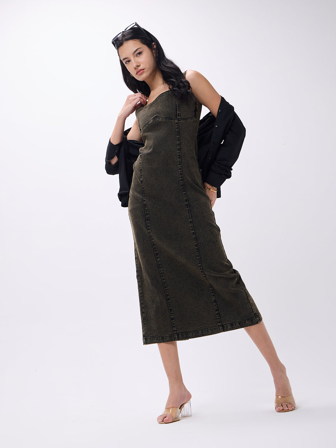 PUELLA Women’s Olive Washed Sleeveless Denim Bodycon Midi Dress