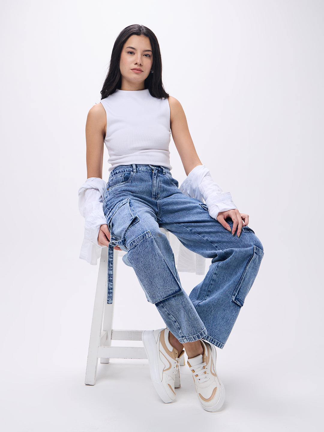 PUELLA Women High-Rise Light Blue Cargo Wide-Leg Jeans