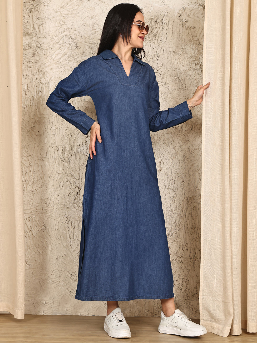 PUELLA Women’s Long Denim Maxi Shirt Dress with Side Slit