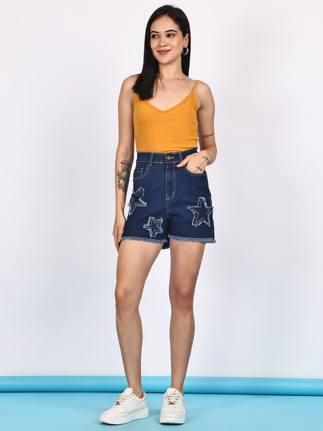 PUELLA Women Blue High-Rise Star Patch Denim Shorts
