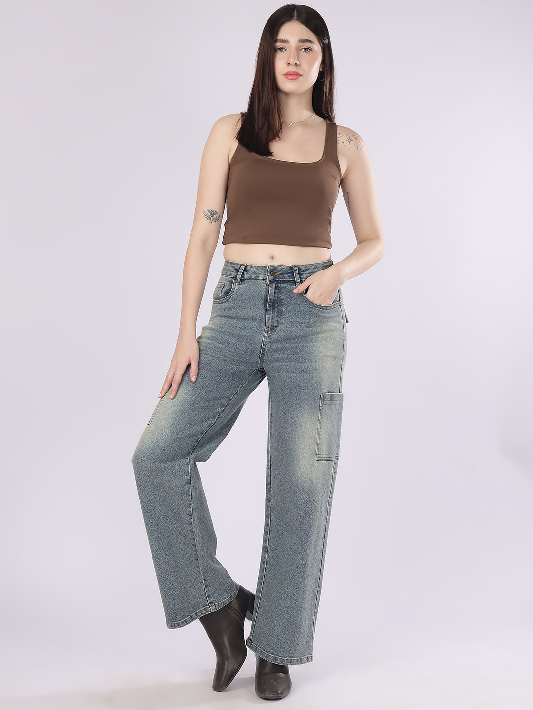 Women’s Blue Straight Fit Cargo Denim Jeans
