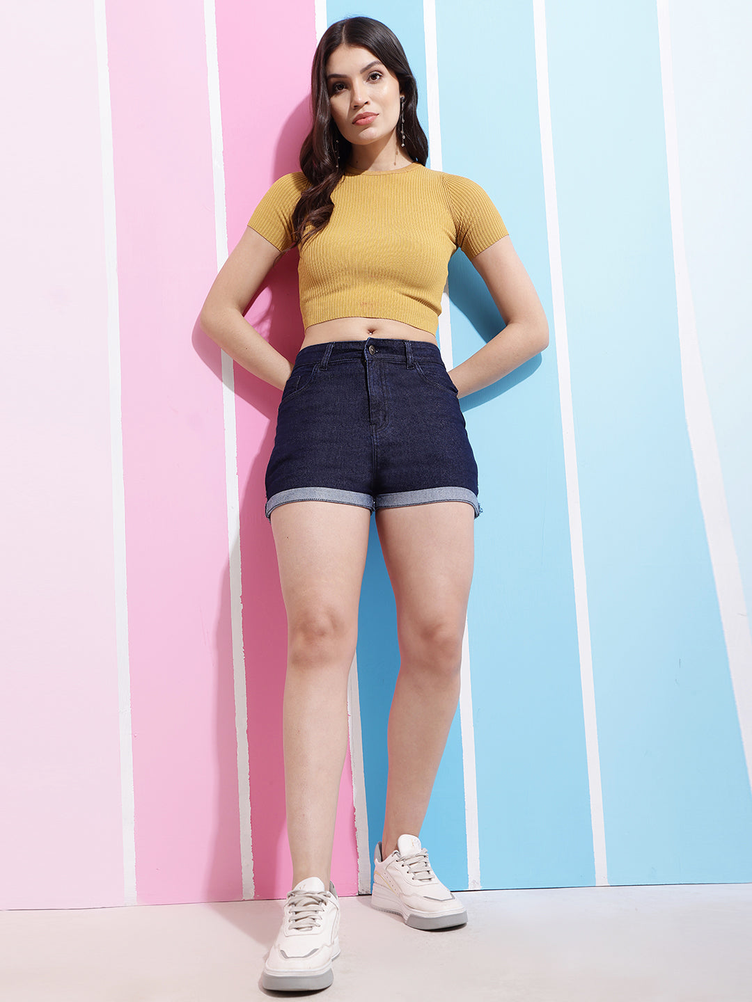 PUELLA Women Navy Blue Washed High-Rise Regular Fit Denim Shorts