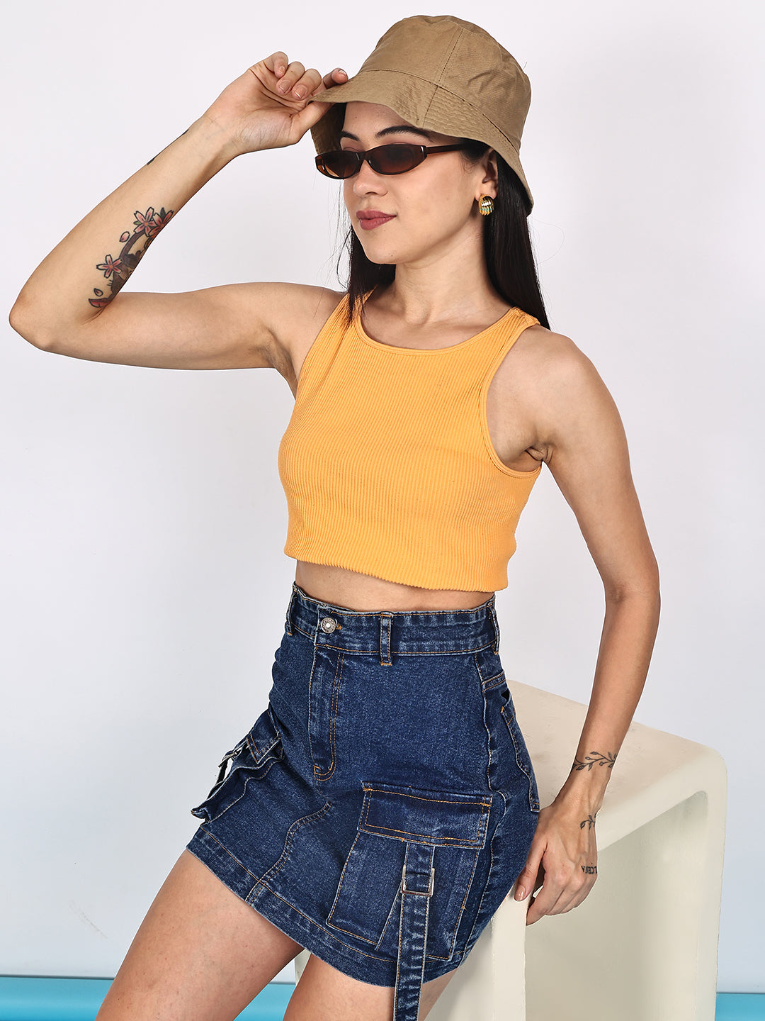 PUELLA Women's Blue Solid Cargo Denim Mini Skirt