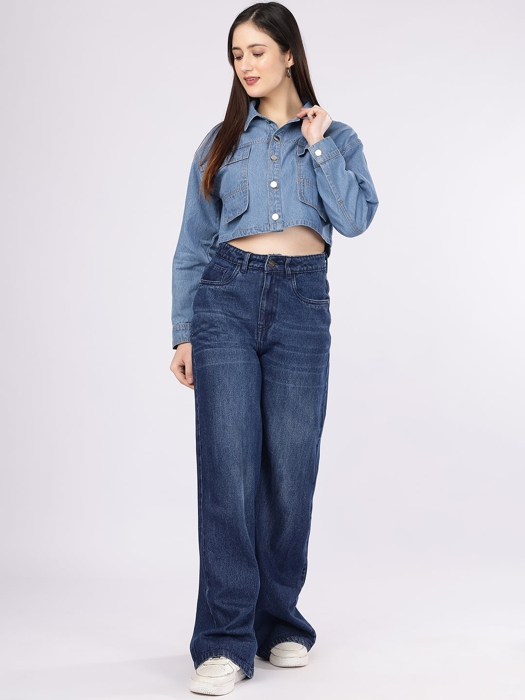 PUELLA Women's Light Blue Boxy Fit Cropped Denim Shirt