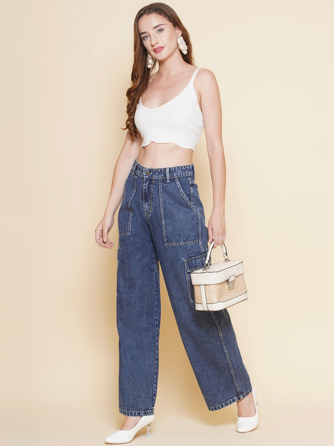 PUELLA Women’s Dark Blue Cargo Straight Fit stretchable Jeans  – Multi-Pocket Utility Denim