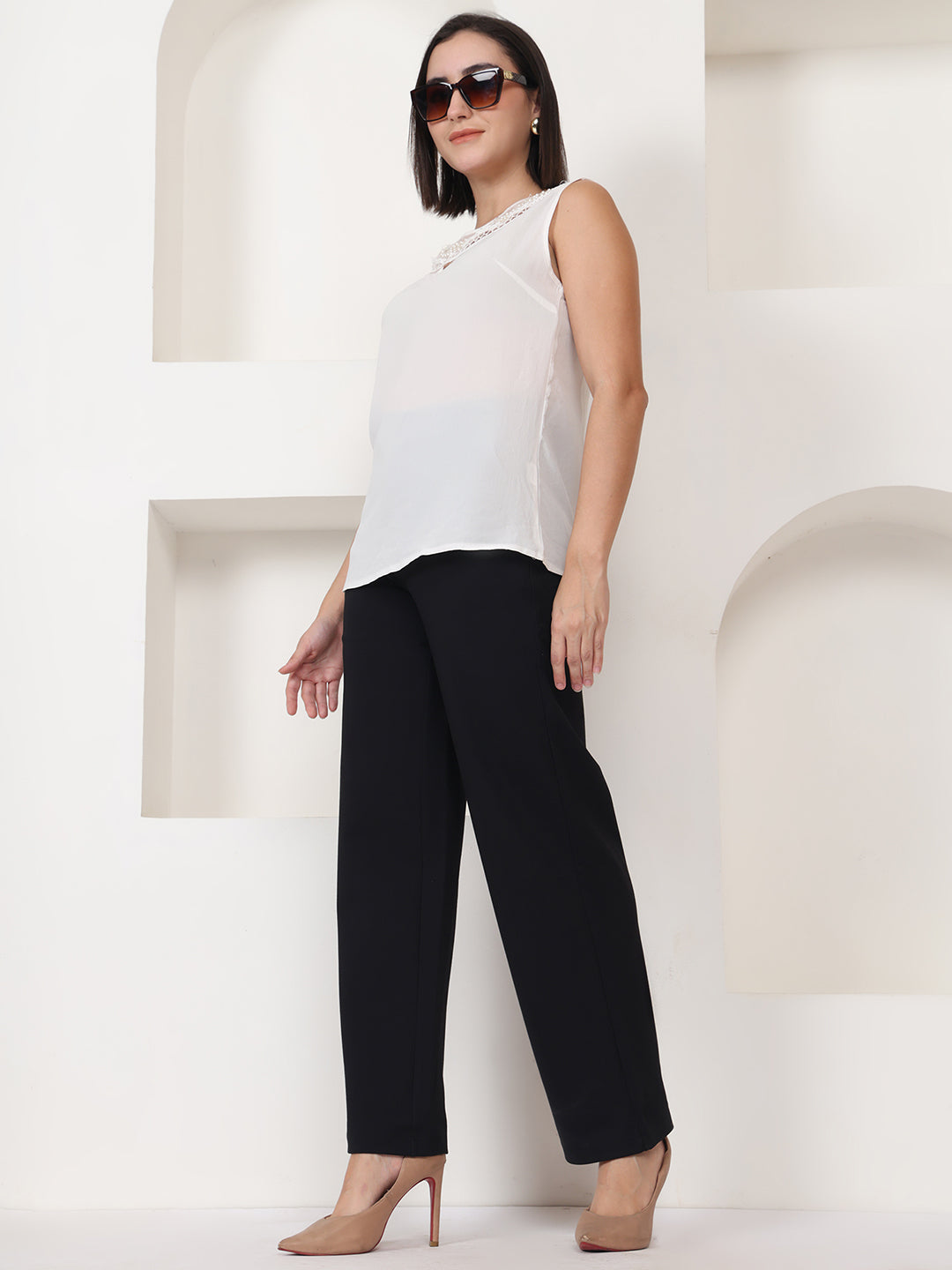 PUELLA Black High-Rise Wide-Leg Formal Pants