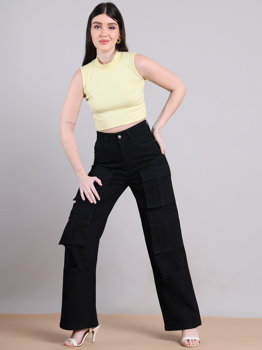 PUELLA Women Black High-Rise Multi-Pocket Cargo Wide-Leg Jeans