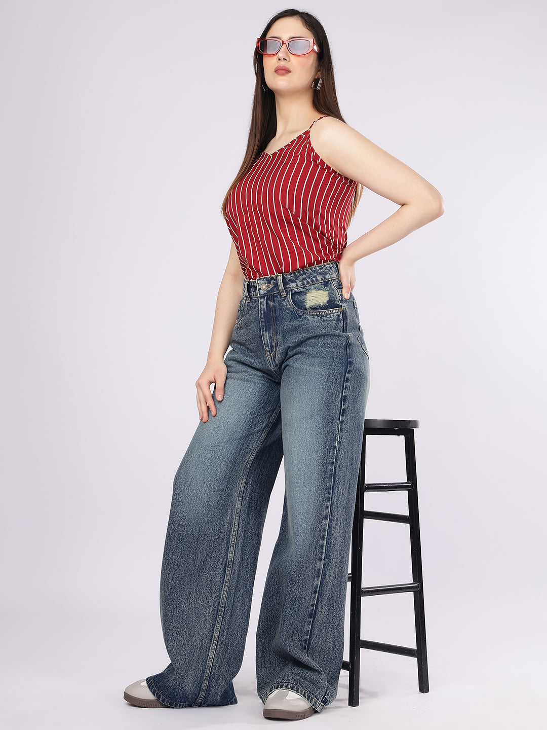 PUELLA Women's Acid Wash High-Rise Baggy Fit Jeans with Single Distress Detail