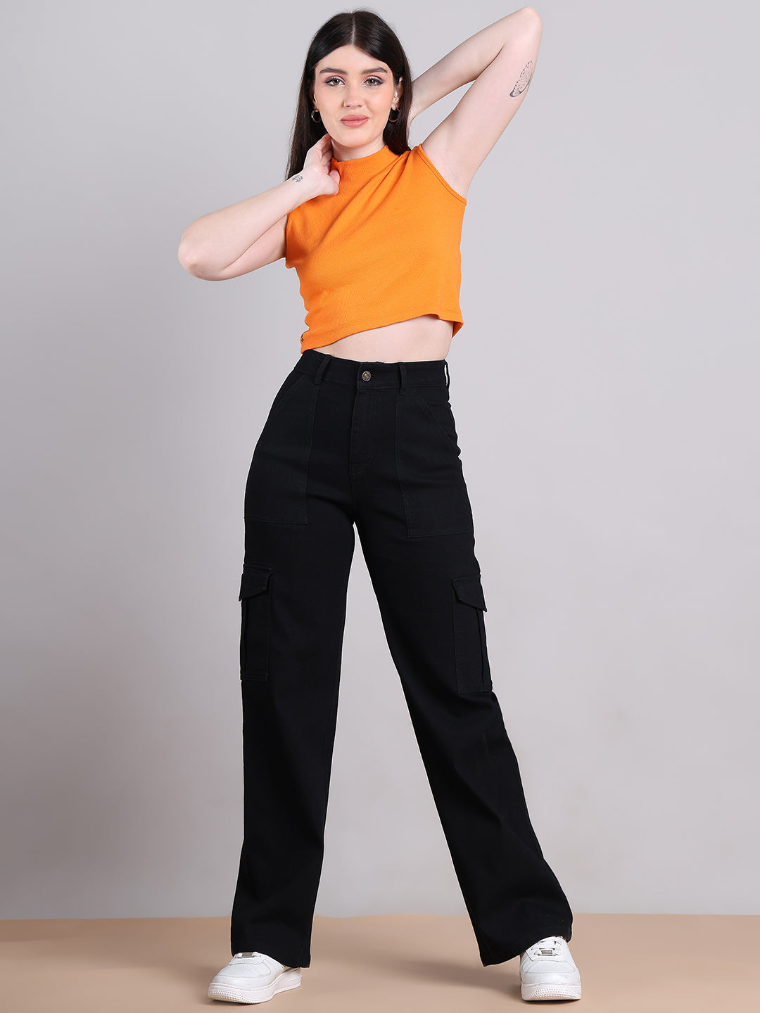 PUELLA Women Black High-Rise Cargo Wide-Leg Jeans