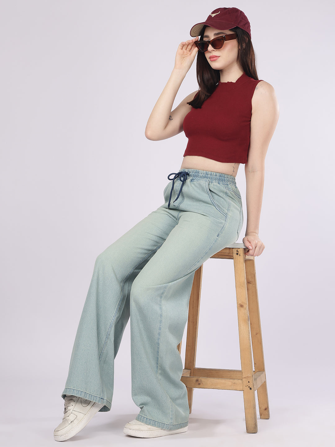 PUELLA Women's Relaxed Fit Light Blue Wide-Leg Denim Pants with Drawstring