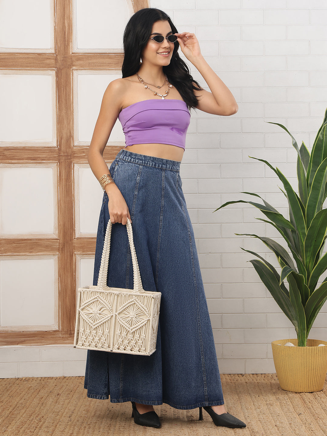 Women’s Indigo Blue Flared Denim Maxi Skirt
