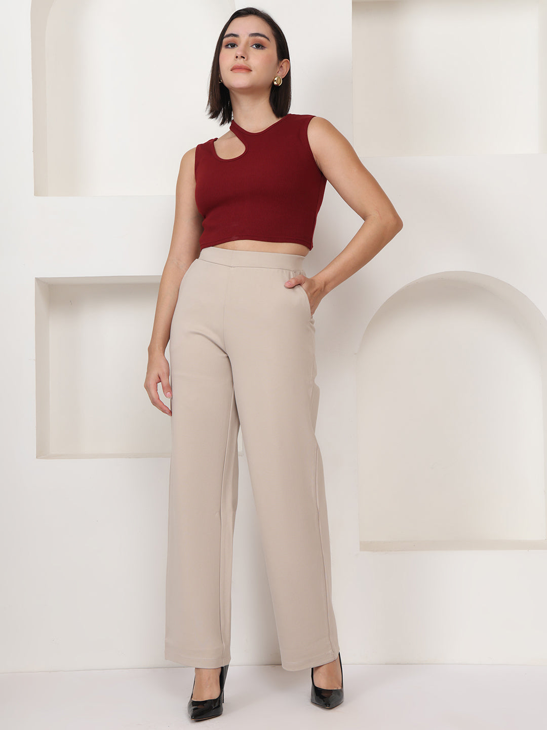 PUELLA Women’s Beige High-Rise Knitted Formal Trousers