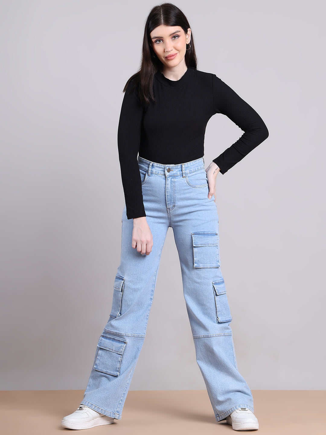 PUELLA Women Light Blue High-Rise Multi-Pocket Cargo Wide-Leg Jeans