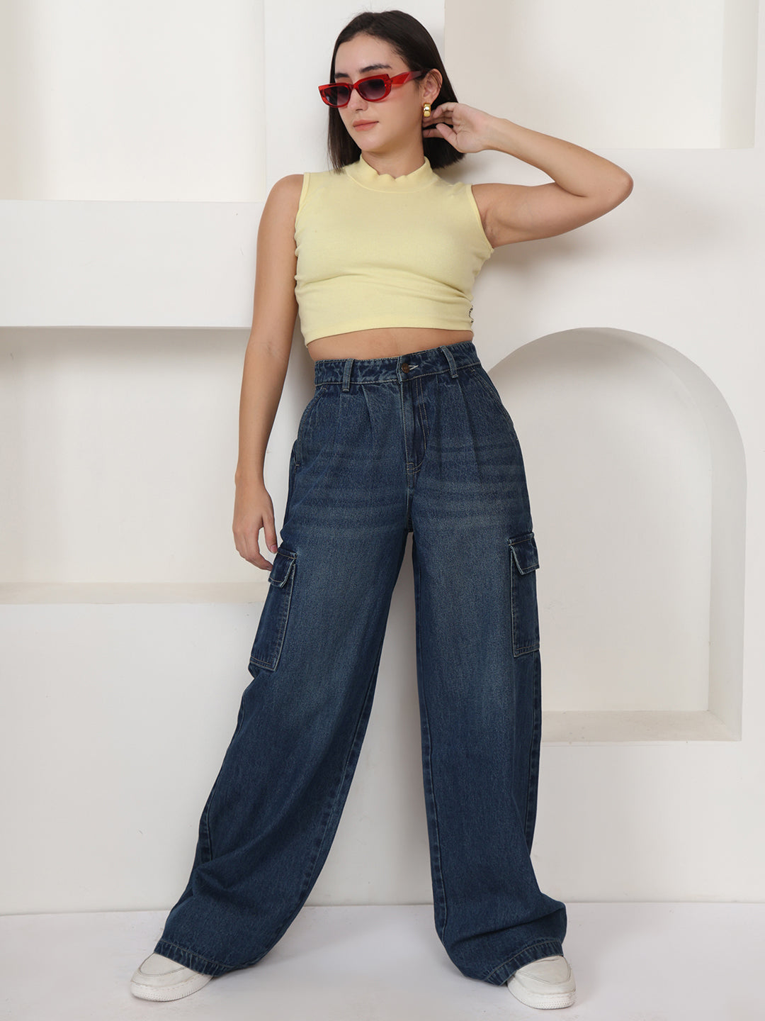 PUELLA Women Dark Blue Light-Fade High-Rise Baggy Cargo Jeans