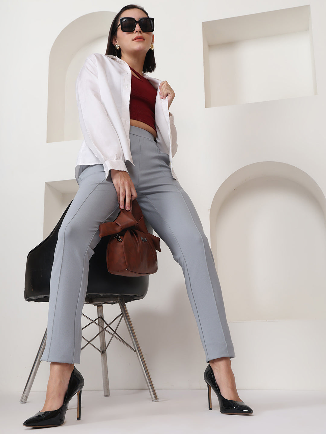 PUELLA Women’s Grey High-Rise Knitted Formal Pants