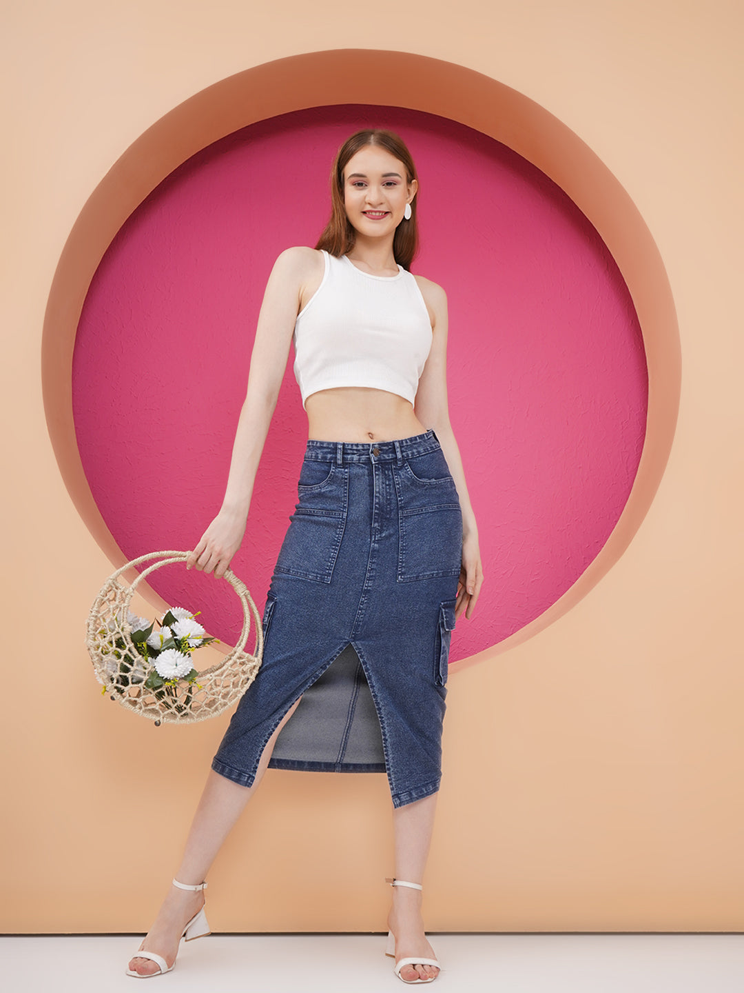 PUELLA Women’s Blue High-Rise Cargo Style Denim Skirt with Front Slit