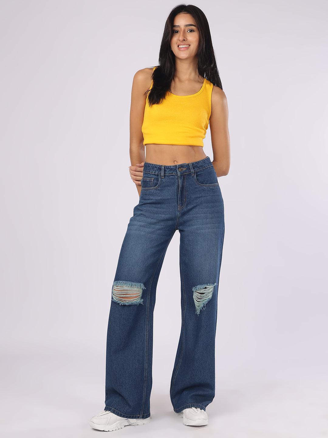 Women’s Dark Blue Distressed Straight Fit Denim Jeans