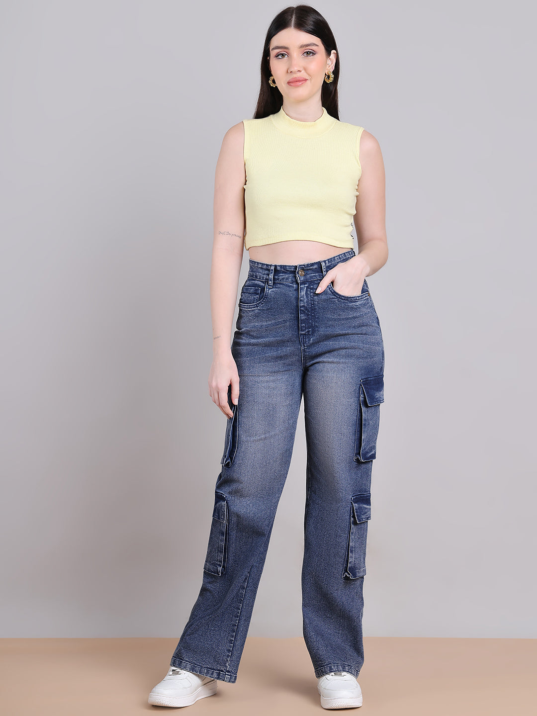 PUELLA Women Dark Blue High-Rise Multi-Pocket Cargo Wide-Leg Jeans