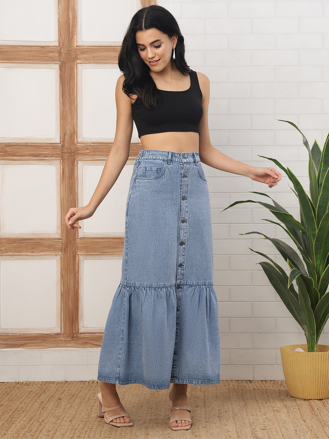 Women’s Light Blue Button-Down Tiered Denim Maxi Skirt