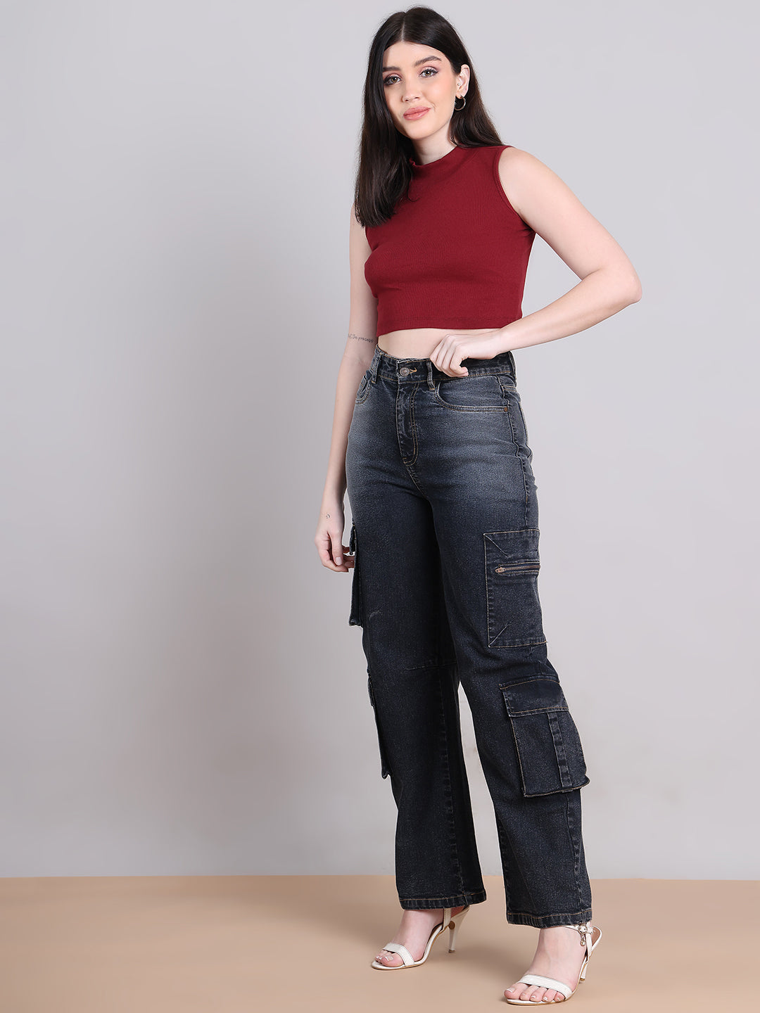 PUELLA Dark Black High-Rise Straight Fit Cargo-Style Jeans