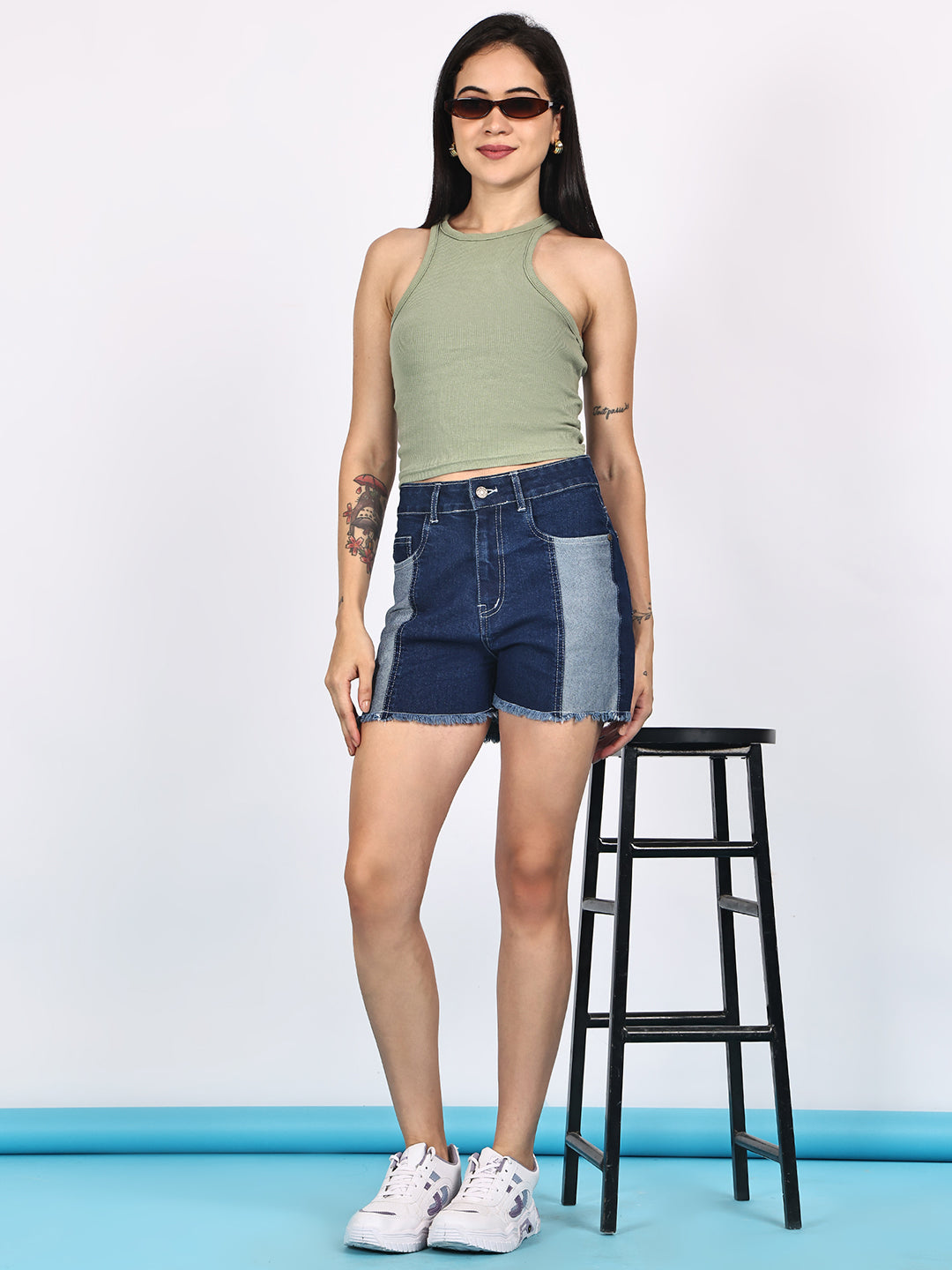 PUELLA Women Blue High-Rise Two-Tone Denim Shorts