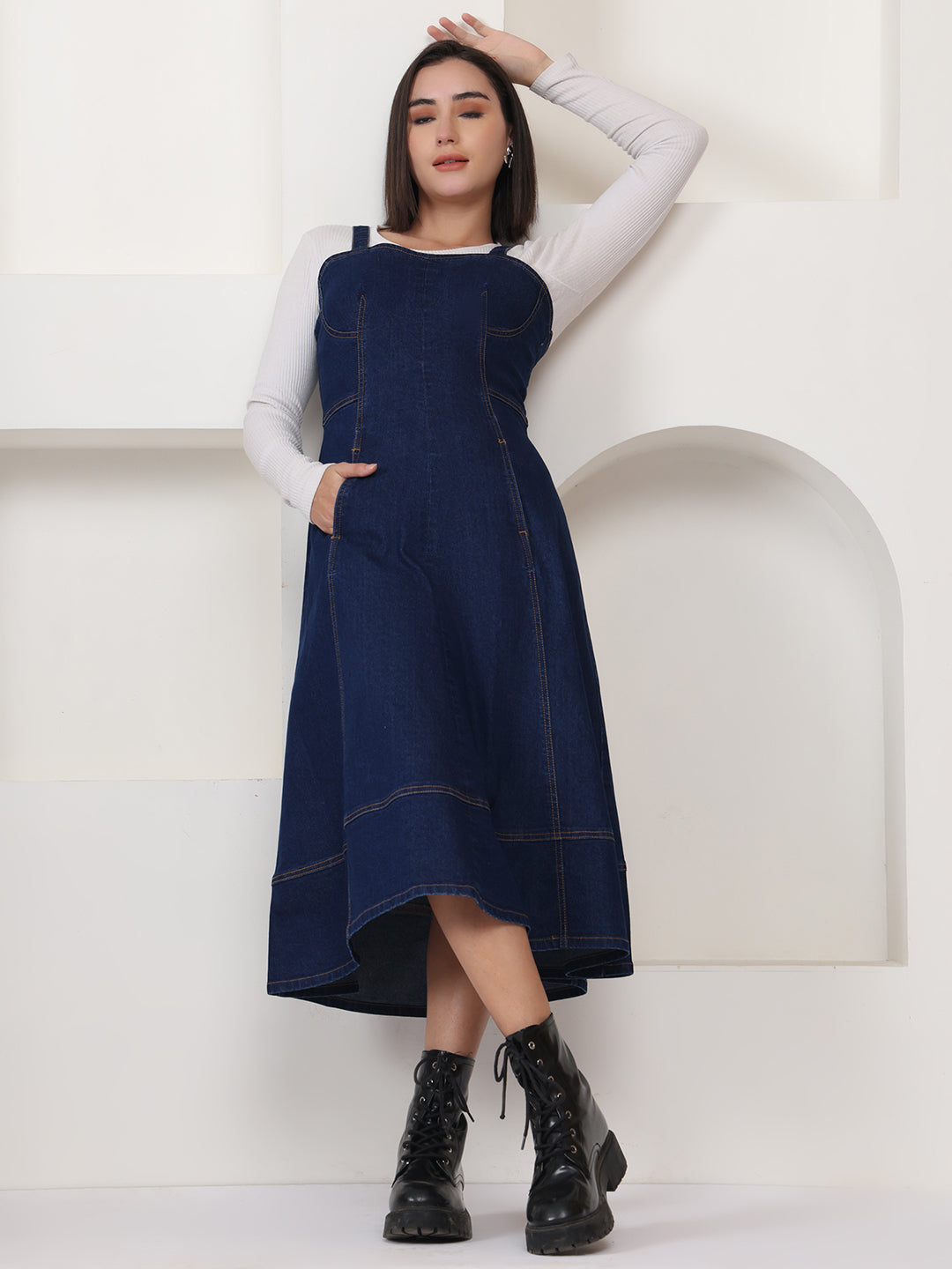 PUELLA Navy Blue Solid Denim A-Line Midi Dress