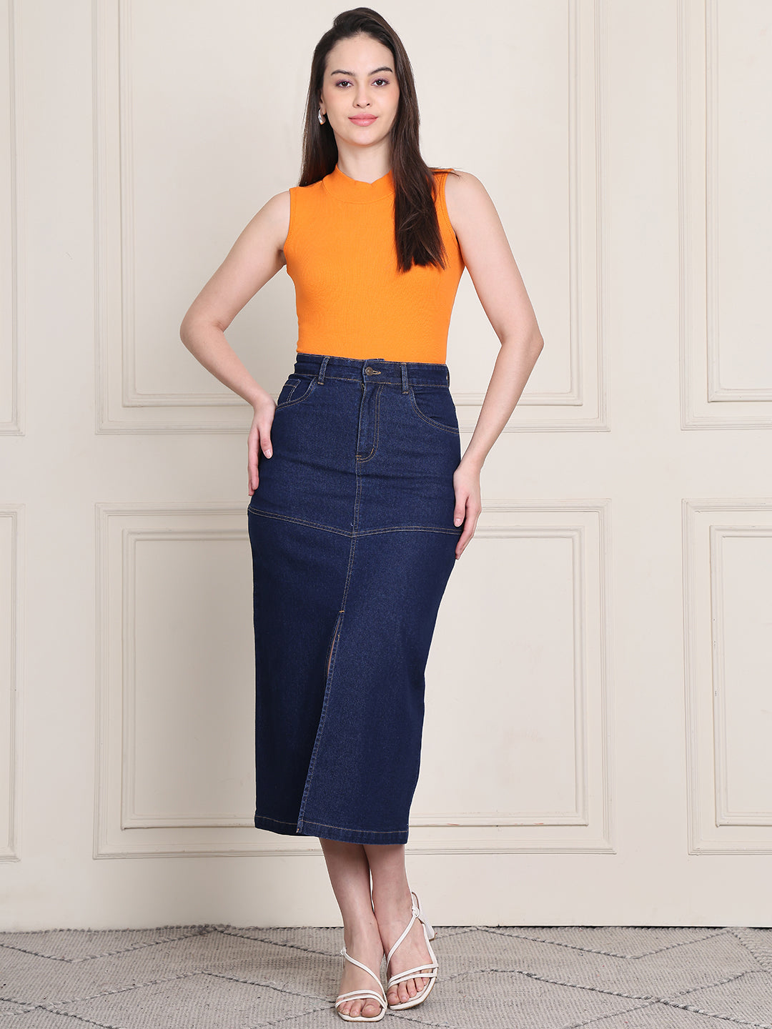 PUELLA Women's Blue Solid A-Line Midi Denim Skirt