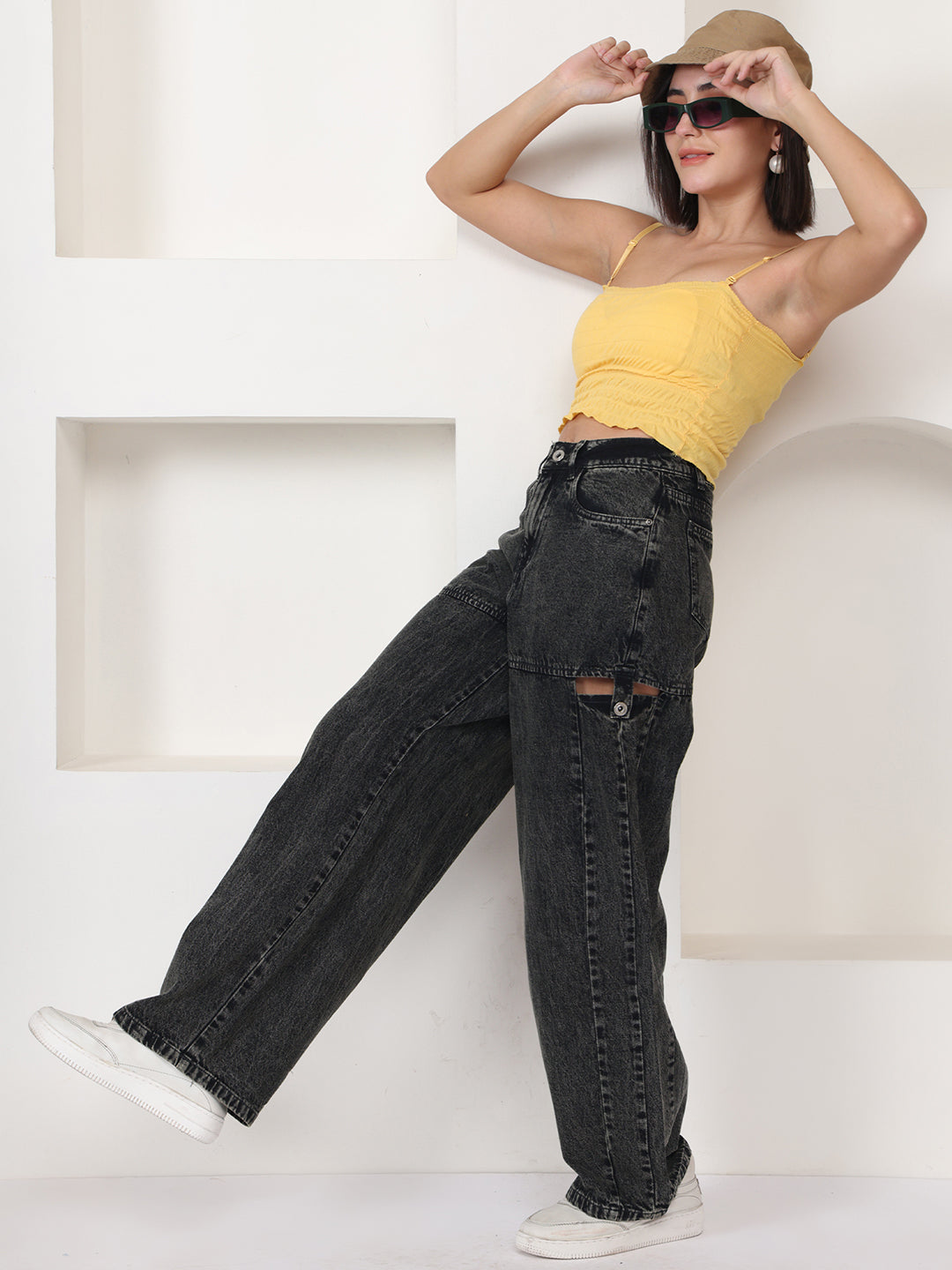 PUELLA Women Dark Charcoal Light-Fade High-Rise Wide-Leg Distressed Jeans