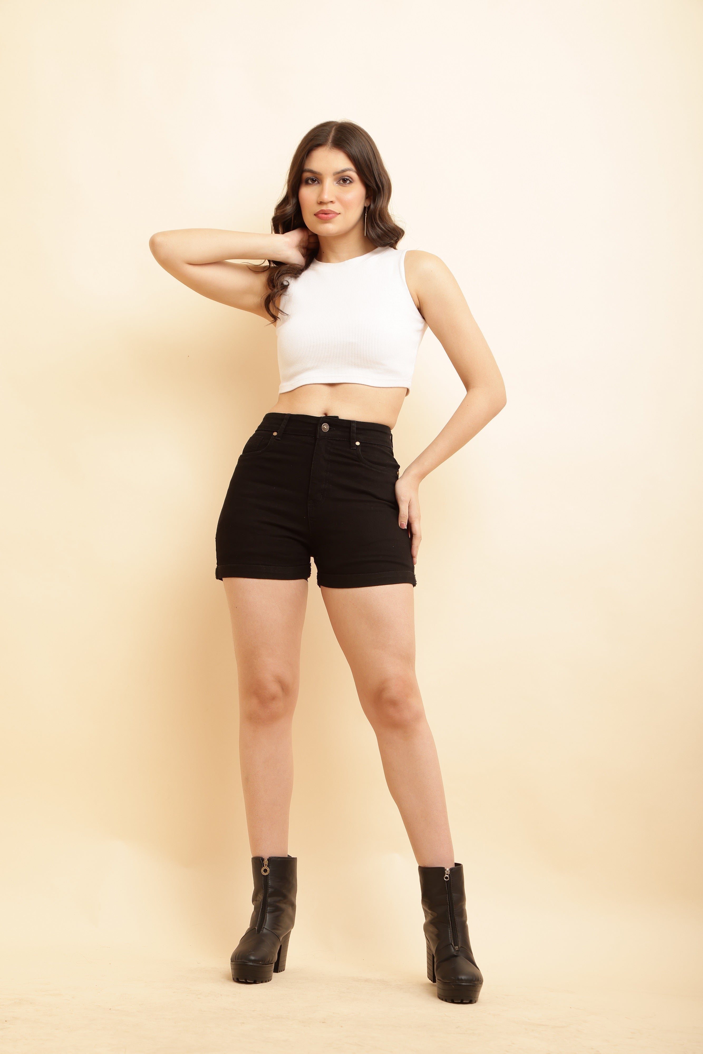 PUELLA Women’s Black High-Rise Slim Fit Denim Shorts with Folded Hem