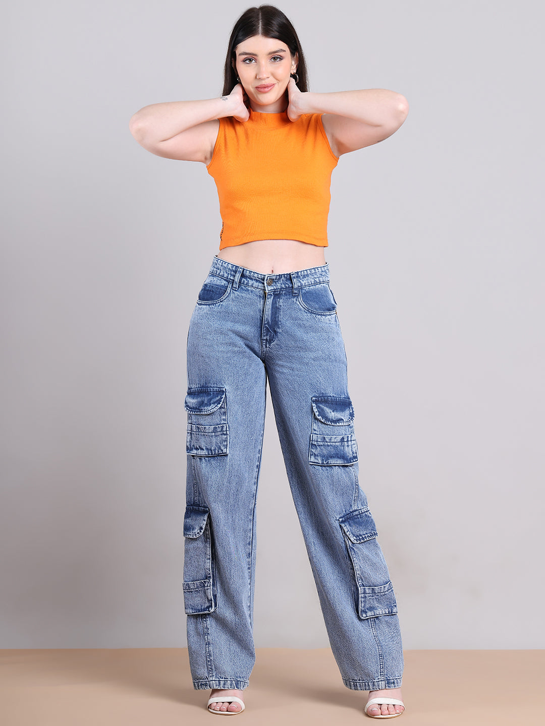 PUELLA Women Light Blue Multi-Pocket Cargo Wide-Leg Jeans