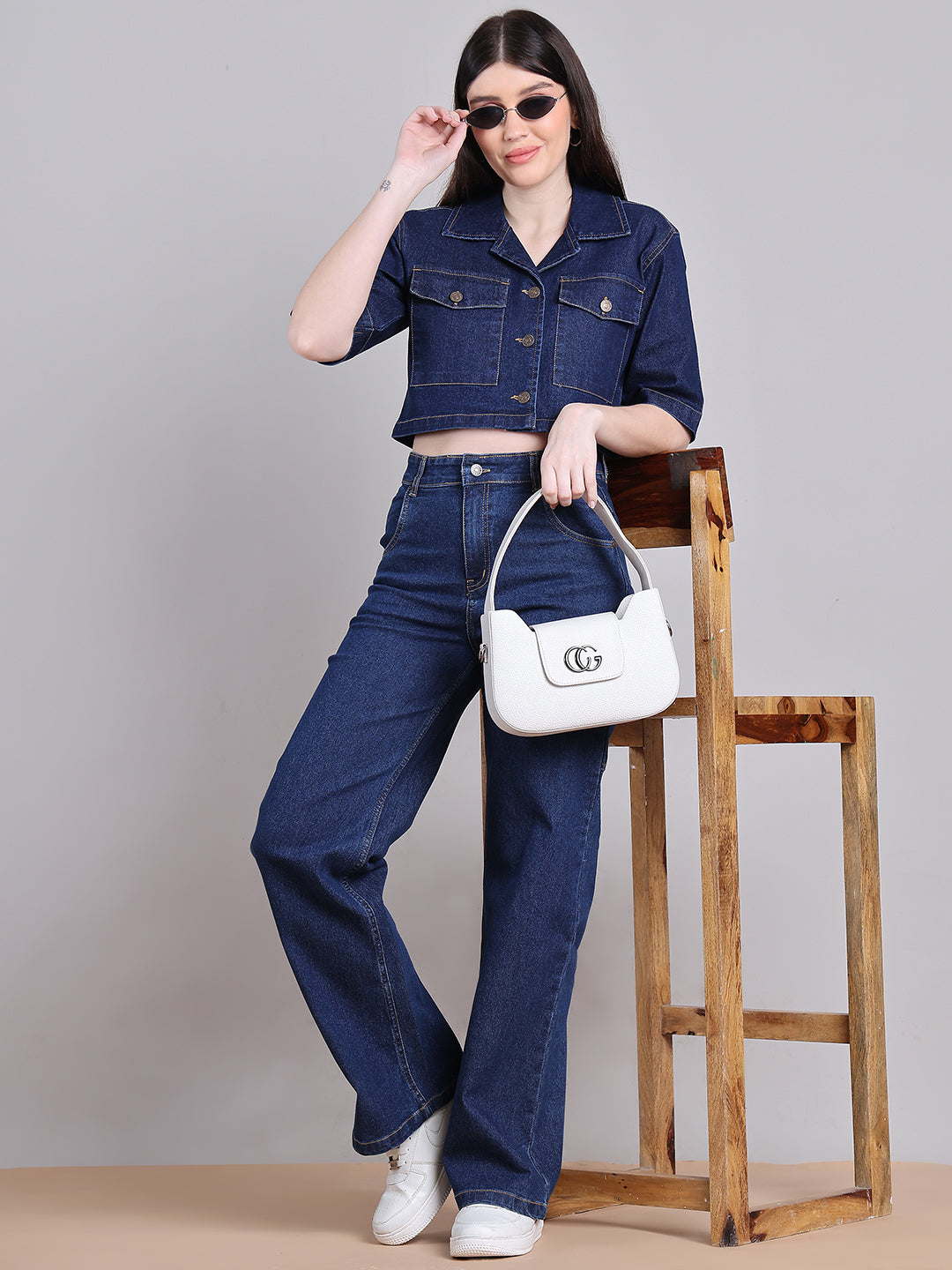 PUELLA Women’s Denim Crop Jacket with Half Sleeves & Button Closure