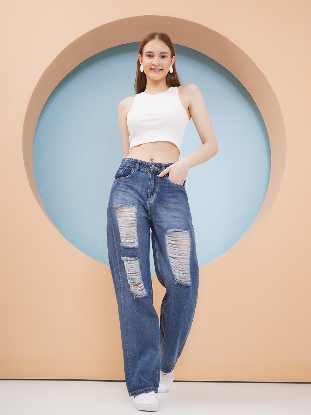 PUELLA Women Dark Blue High-Rise Distressed Straight Fit Jeans