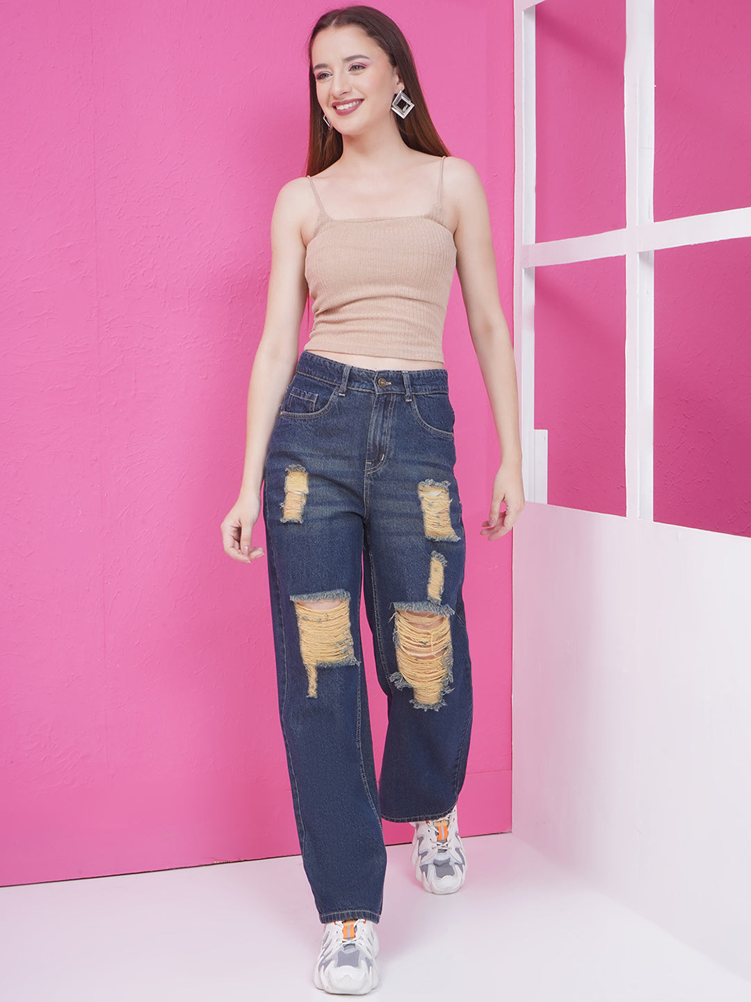 PUELLA Women Dark Blue High-Rise Distressed Straight Fit Jeans