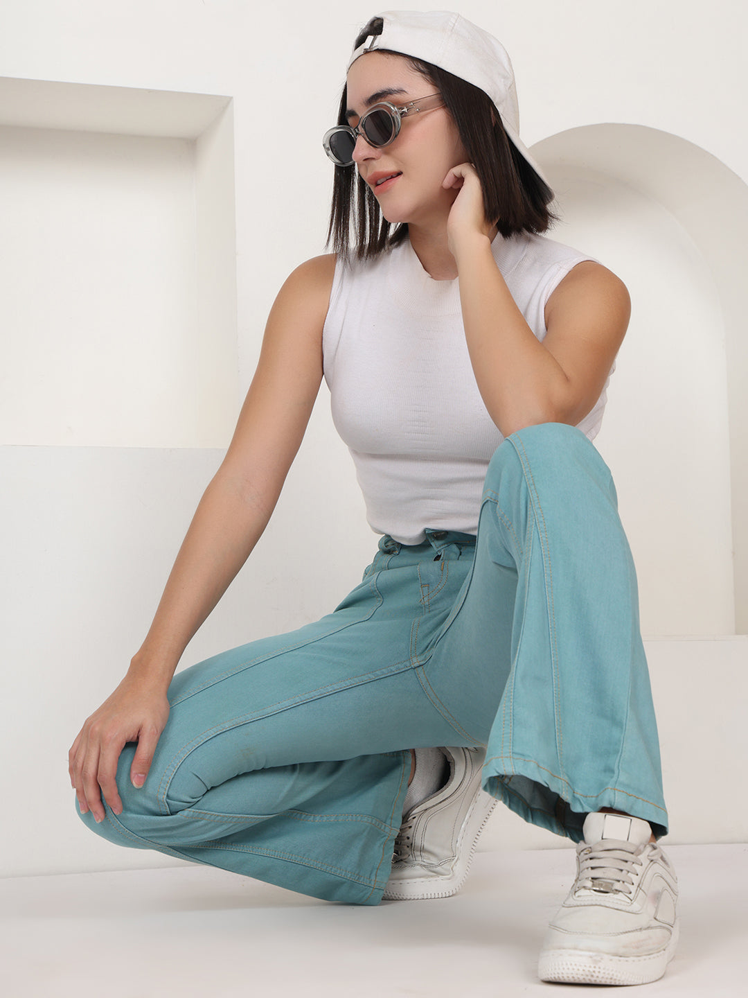 PUELLA Women Light Teal High-Rise Regular Fit Stretchable Coloured Jeans