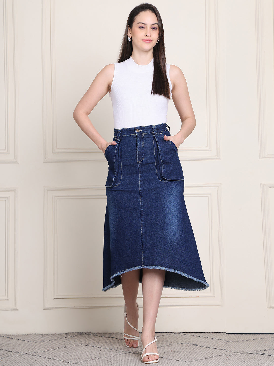 PUELLA Women's Blue Solid A-Line High-Low Denim Midi Skirt